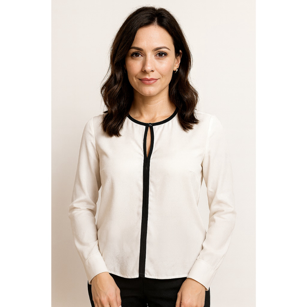 Women's Long Sleeve Chiffon Blouse – White with Black Trim – NWOT